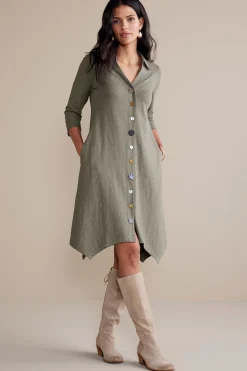 solids|short-Soft Surroundings 3/4 Sleeve Danielle Button Dress Agave Green