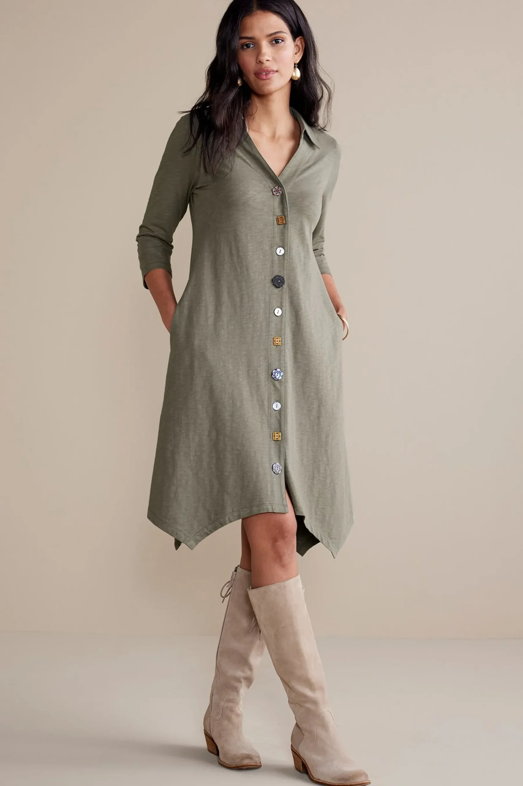 solids|short-Soft Surroundings 3/4 Sleeve Danielle Button Dress Agave Green