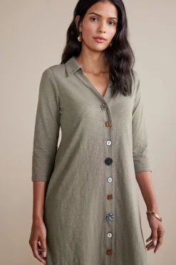 solids|short-Soft Surroundings 3/4 Sleeve Danielle Button Dress Agave Green