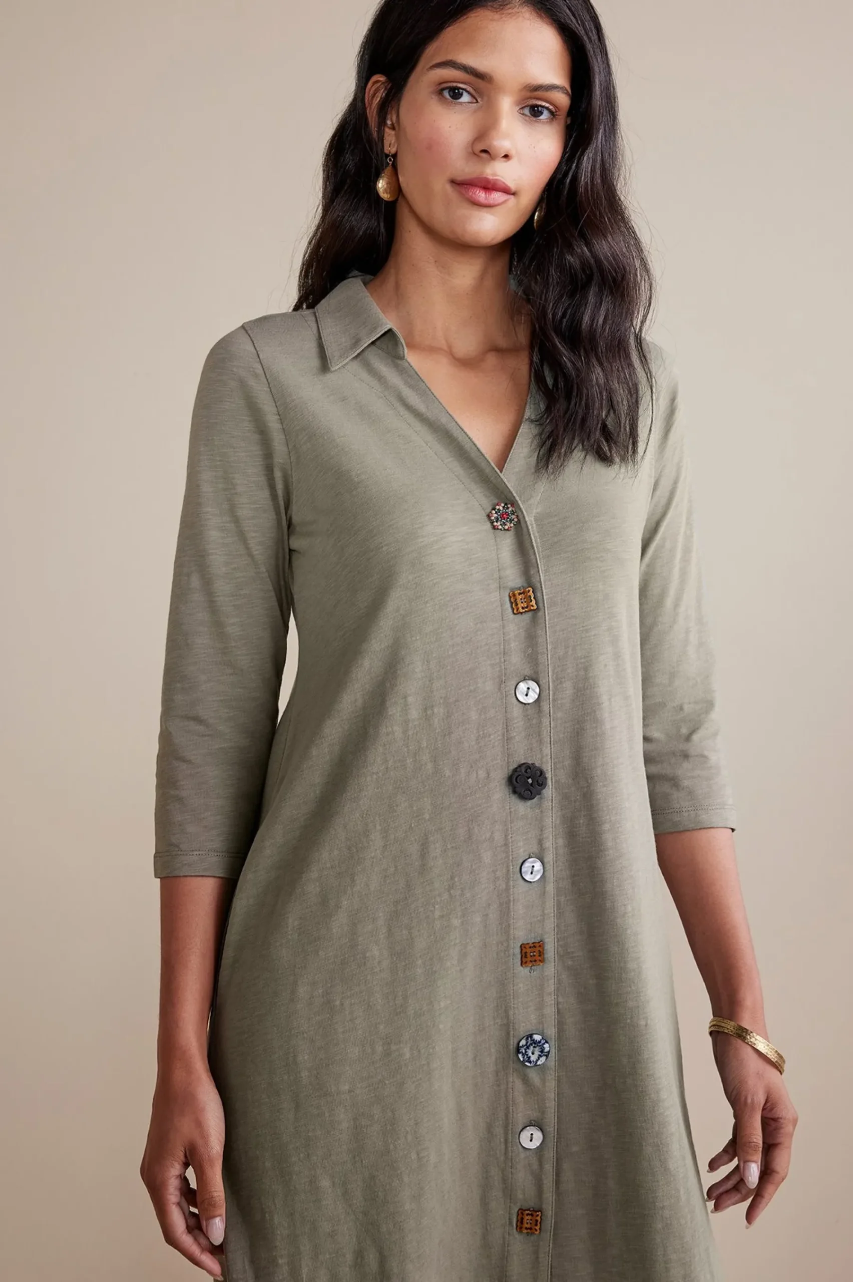 solids|short-Soft Surroundings 3/4 Sleeve Danielle Button Dress Agave Green