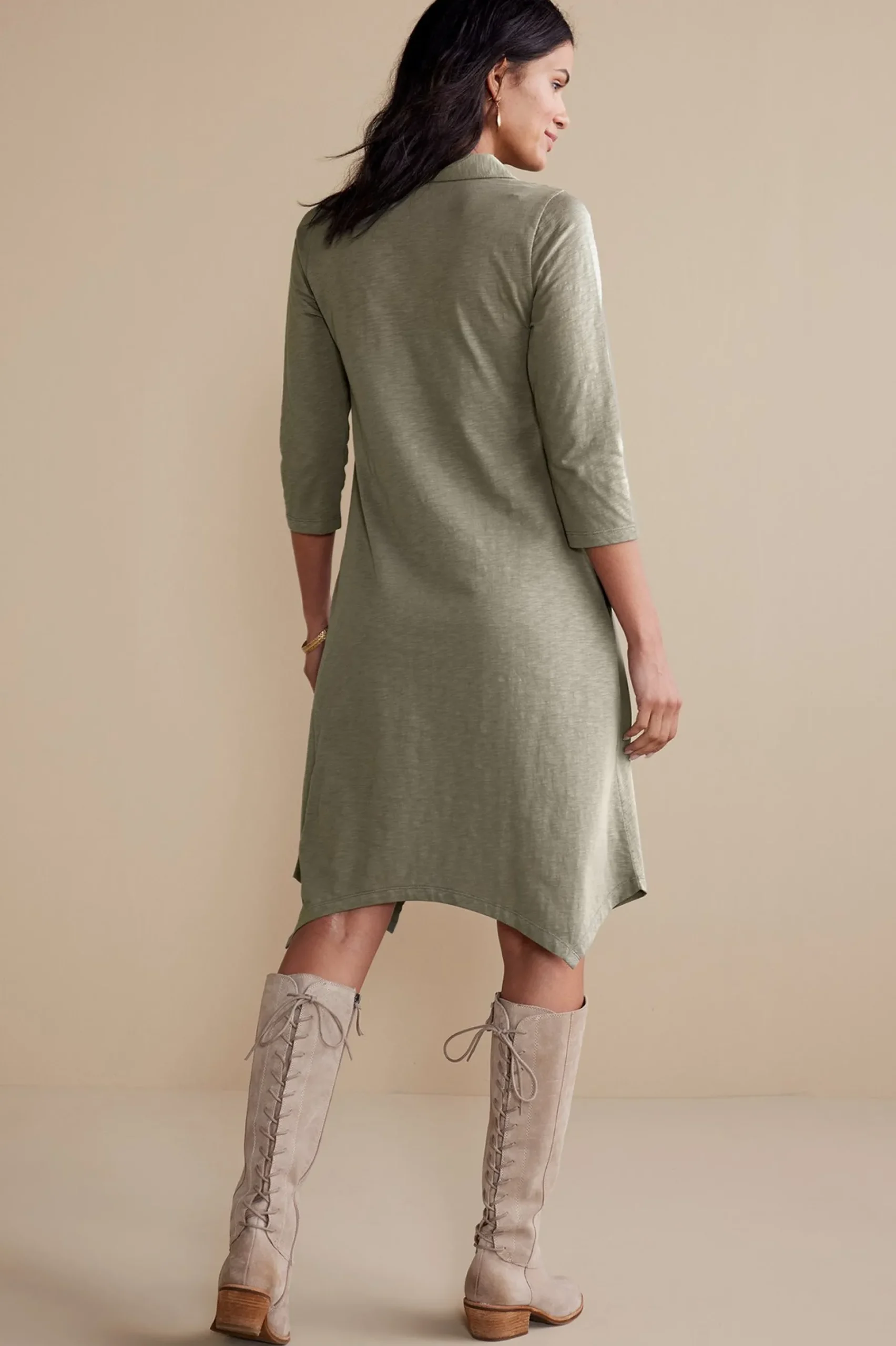 solids|short-Soft Surroundings 3/4 Sleeve Danielle Button Dress Agave Green