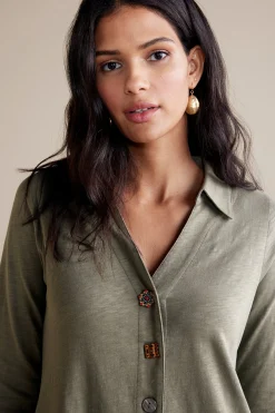 solids|short-Soft Surroundings 3/4 Sleeve Danielle Button Dress Agave Green