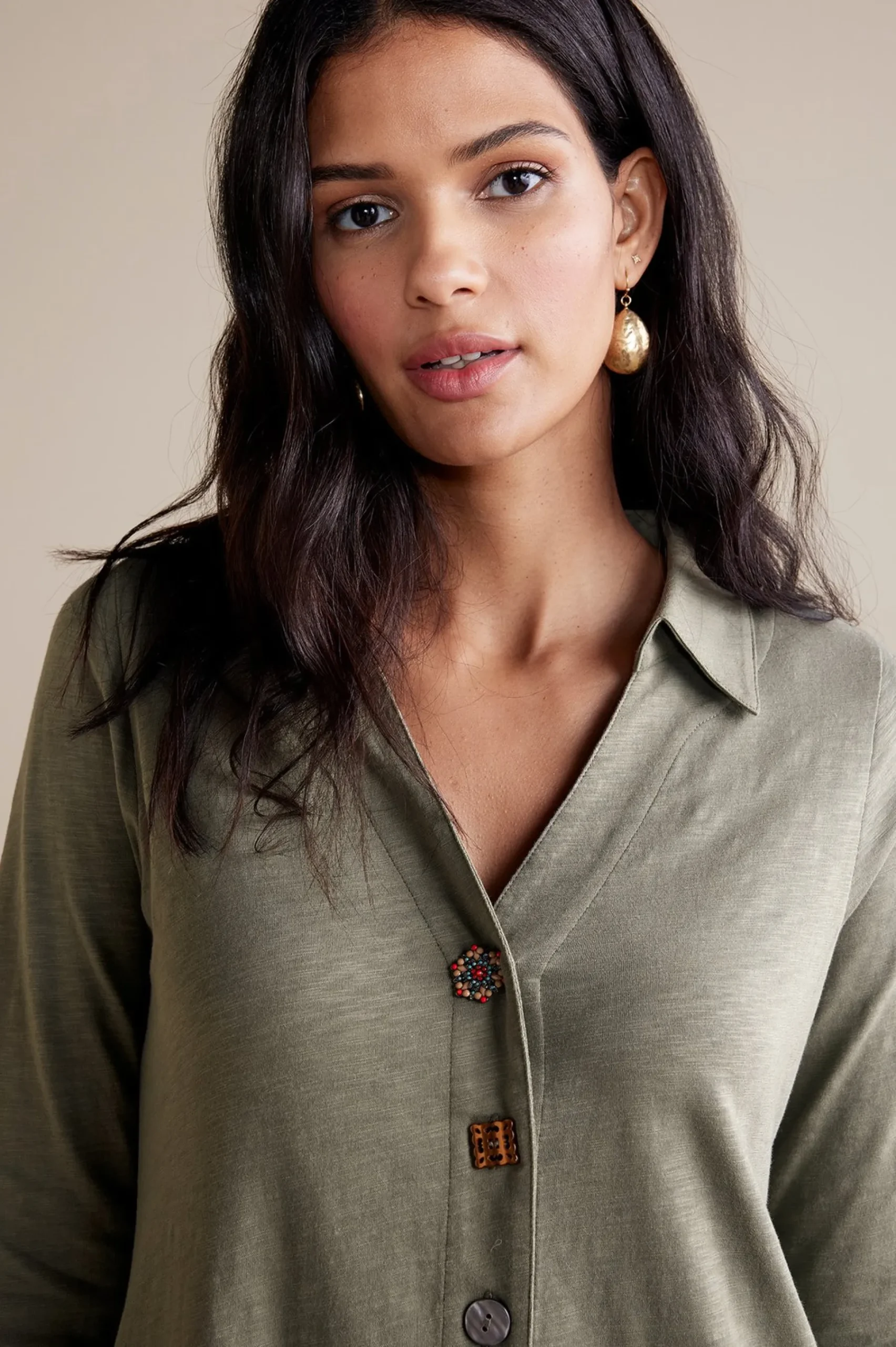 solids|short-Soft Surroundings 3/4 Sleeve Danielle Button Dress Agave Green