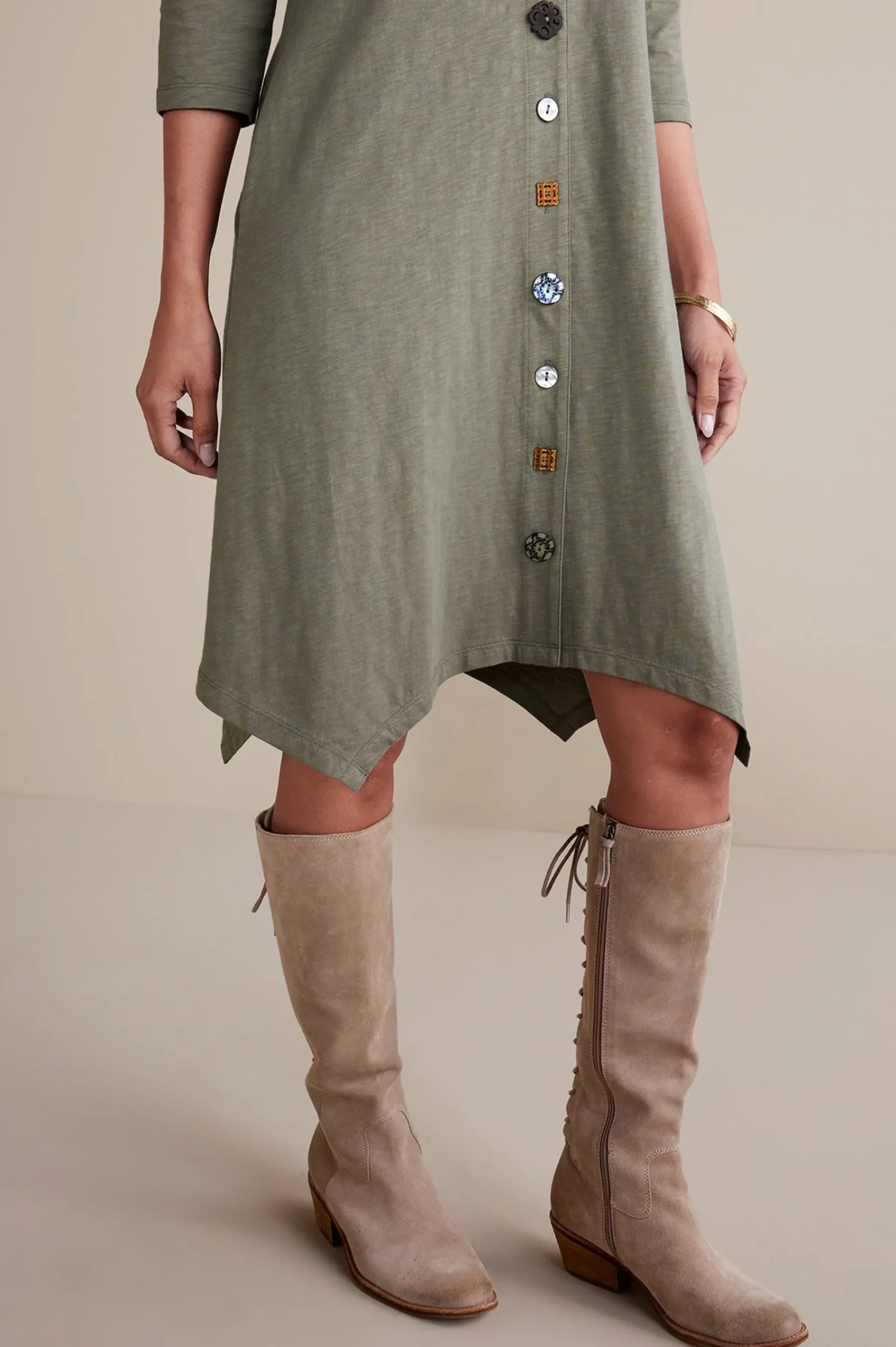 solids|short-Soft Surroundings 3/4 Sleeve Danielle Button Dress Agave Green