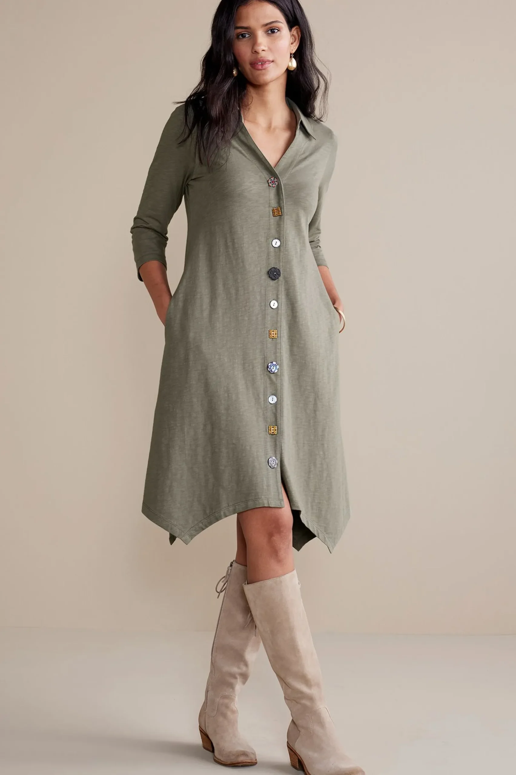 solids|short-Soft Surroundings 3/4 Sleeve Danielle Button Dress Agave Green