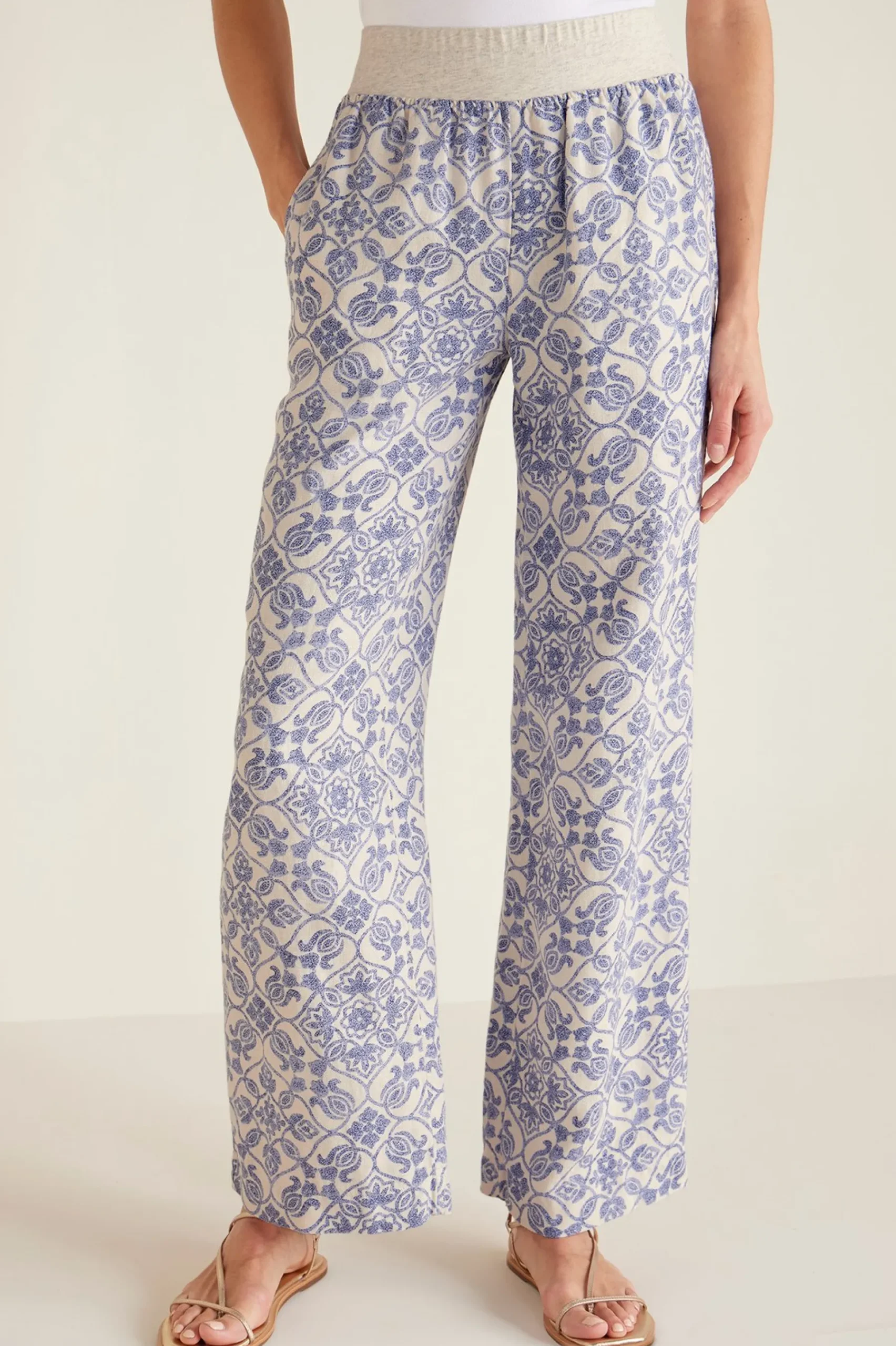 full length|wide leg-Soft Surroundings Aliso Point Linen Pants Blue Tile Print