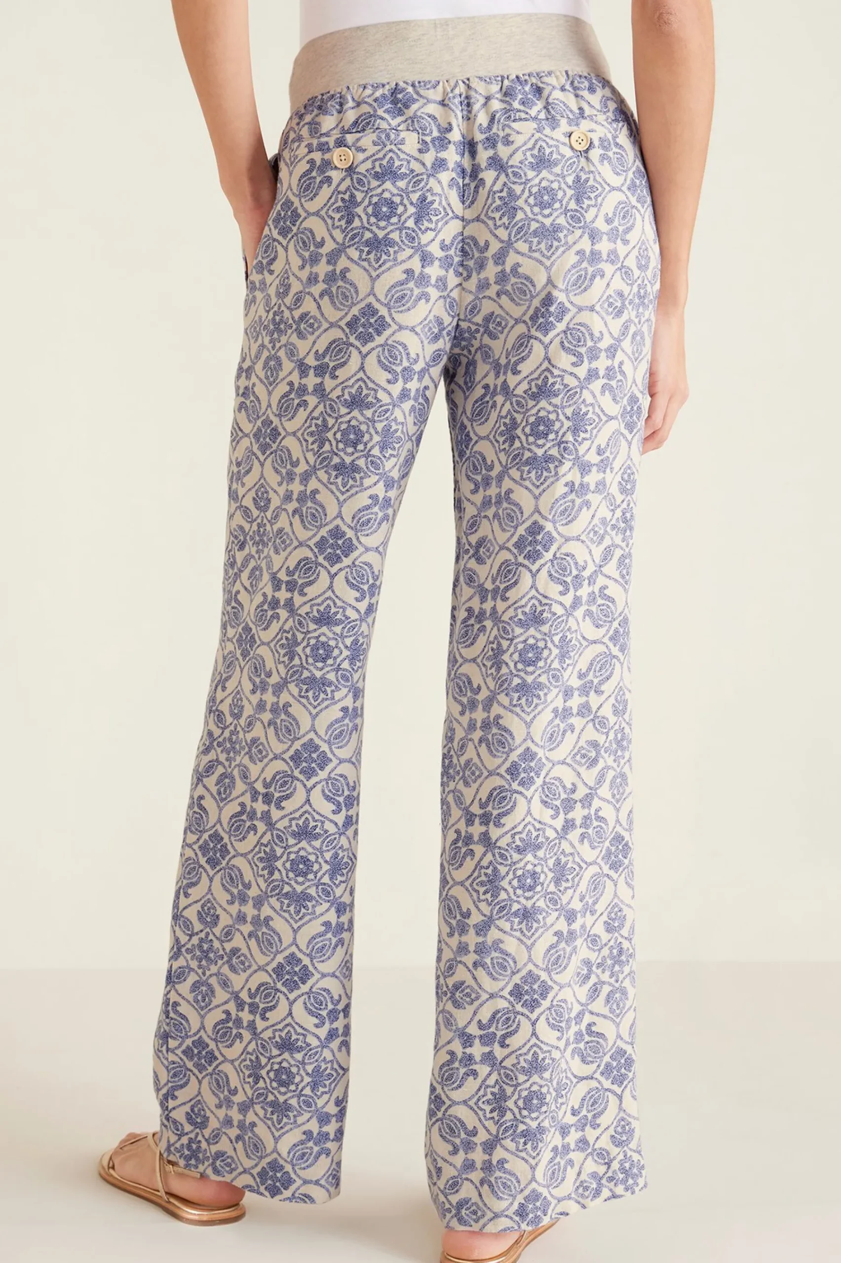 full length|wide leg-Soft Surroundings Aliso Point Linen Pants Blue Tile Print