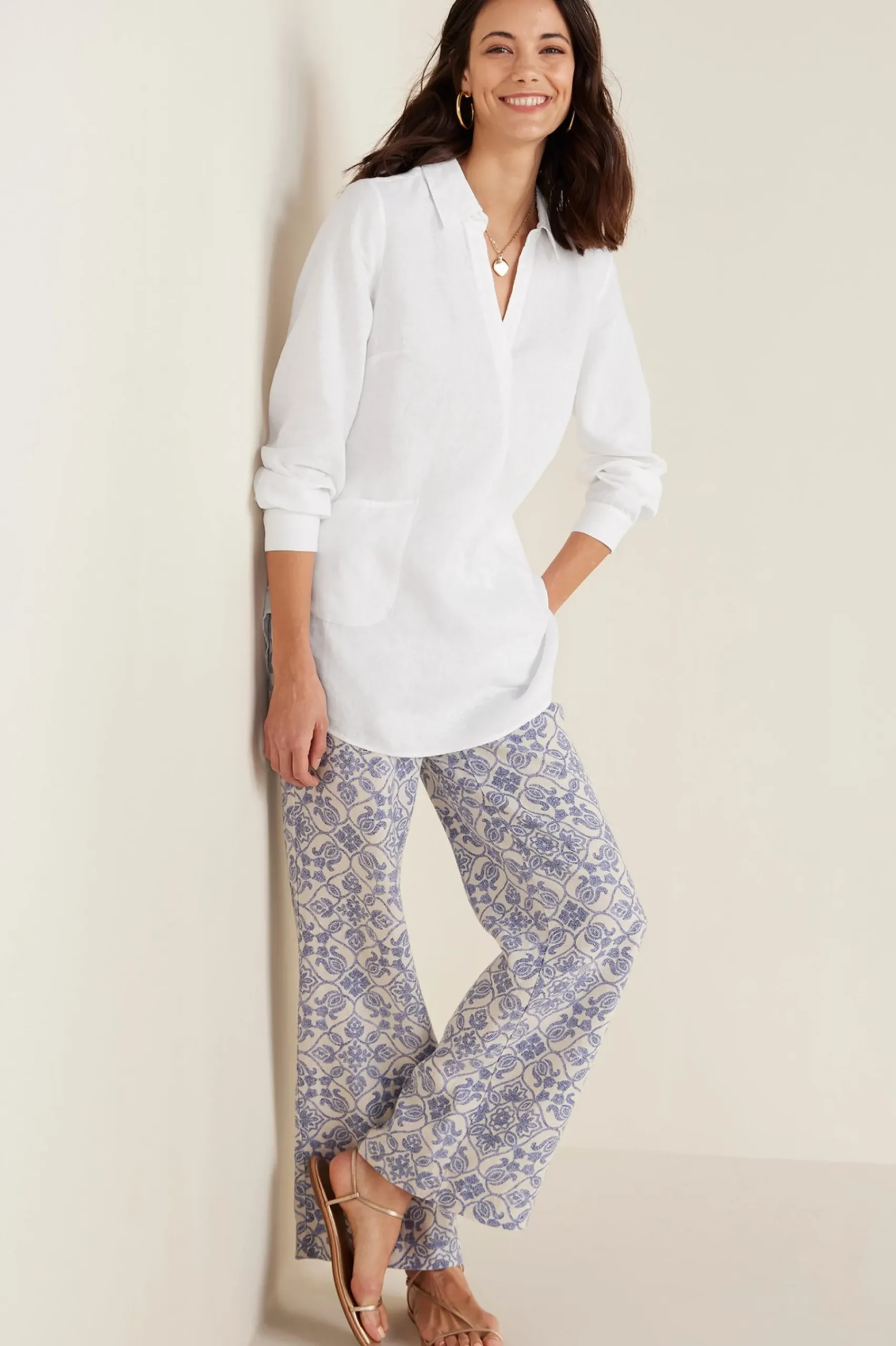 full length|wide leg-Soft Surroundings Aliso Point Linen Pants Blue Tile Print