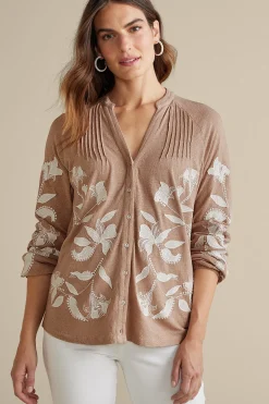 Feminine Flourish|Global Artistry-Soft Surroundings Alva Embroidered Knit Top Beige