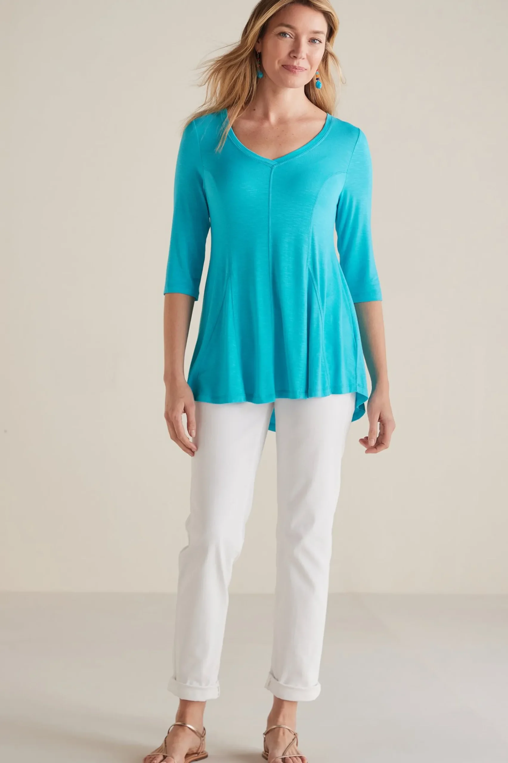 three quarter length|tunics-Soft Surroundings Amelia A-Line Tunic White