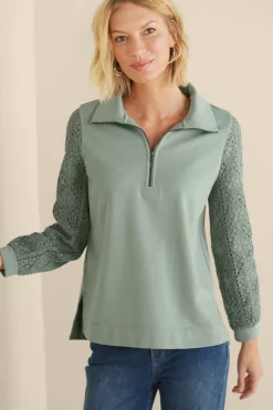 Feminine Flourish|Wear Now Styles-Soft Surroundings Crochet Sleeve French Terry Tunic Navy