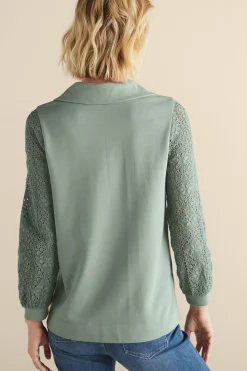 Feminine Flourish|Wear Now Styles-Soft Surroundings Crochet Sleeve French Terry Tunic Navy