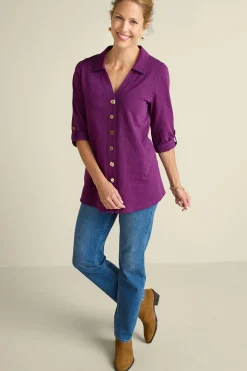 Vacation Shop|three quarter length-Soft Surroundings Danielle 3/4 Sleeve Tunic Rose Violet
