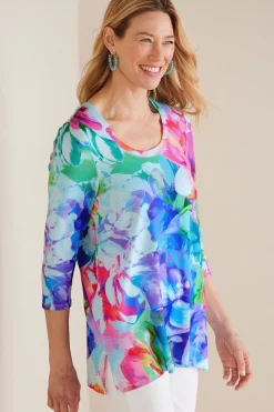 three quarter length|pullovers-Soft Surroundings Darcy Tunic Pink Spring Floral