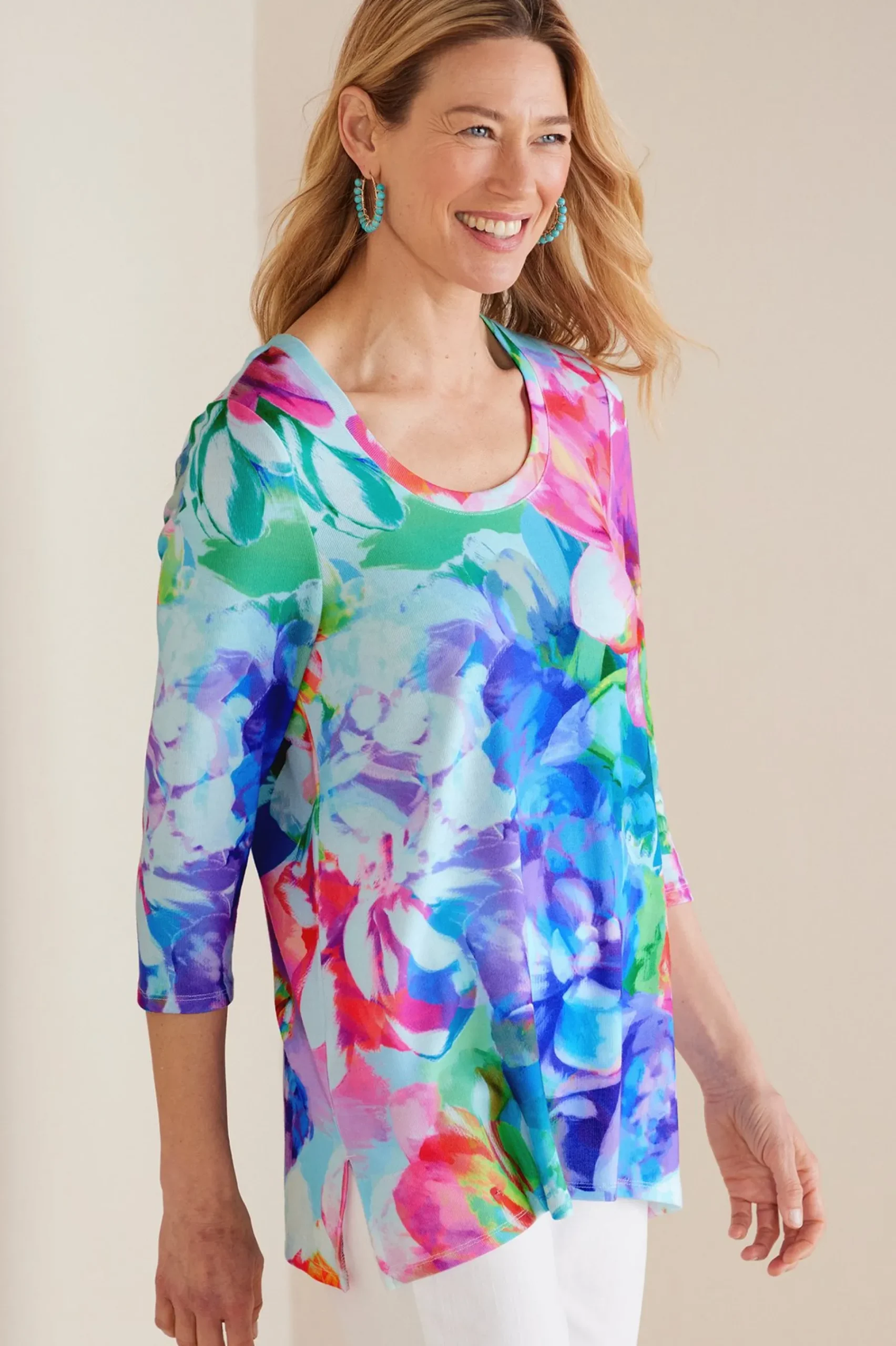 three quarter length|pullovers-Soft Surroundings Darcy Tunic Pink Spring Floral