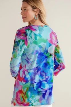 three quarter length|pullovers-Soft Surroundings Darcy Tunic Pink Spring Floral