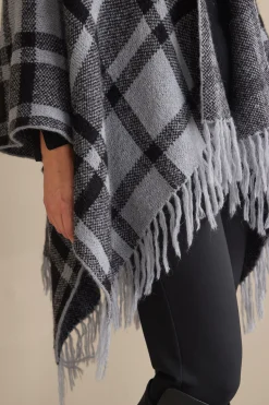 Scarves & Wraps-Soft Surroundings Demetria Plaid Poncho with Fur Collar Black/Dark Grey