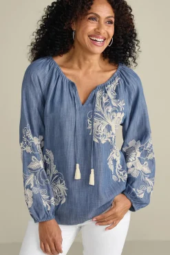 Feminine Flourish|Into The Blues-Soft Surroundings Diya Embroidered TENCEL™ Peasant Top Light Chambray