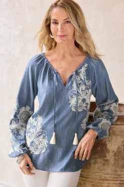 Feminine Flourish|Into The Blues-Soft Surroundings Diya Embroidered TENCEL™ Peasant Top Light Chambray