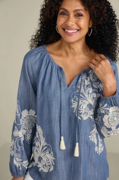 Feminine Flourish|Into The Blues-Soft Surroundings Diya Embroidered TENCEL™ Peasant Top Light Chambray
