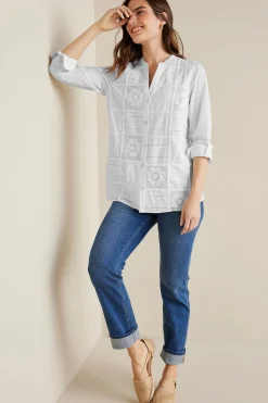 long sleeve|shirts-Soft Surroundings Eleanor Crochet Shirt White