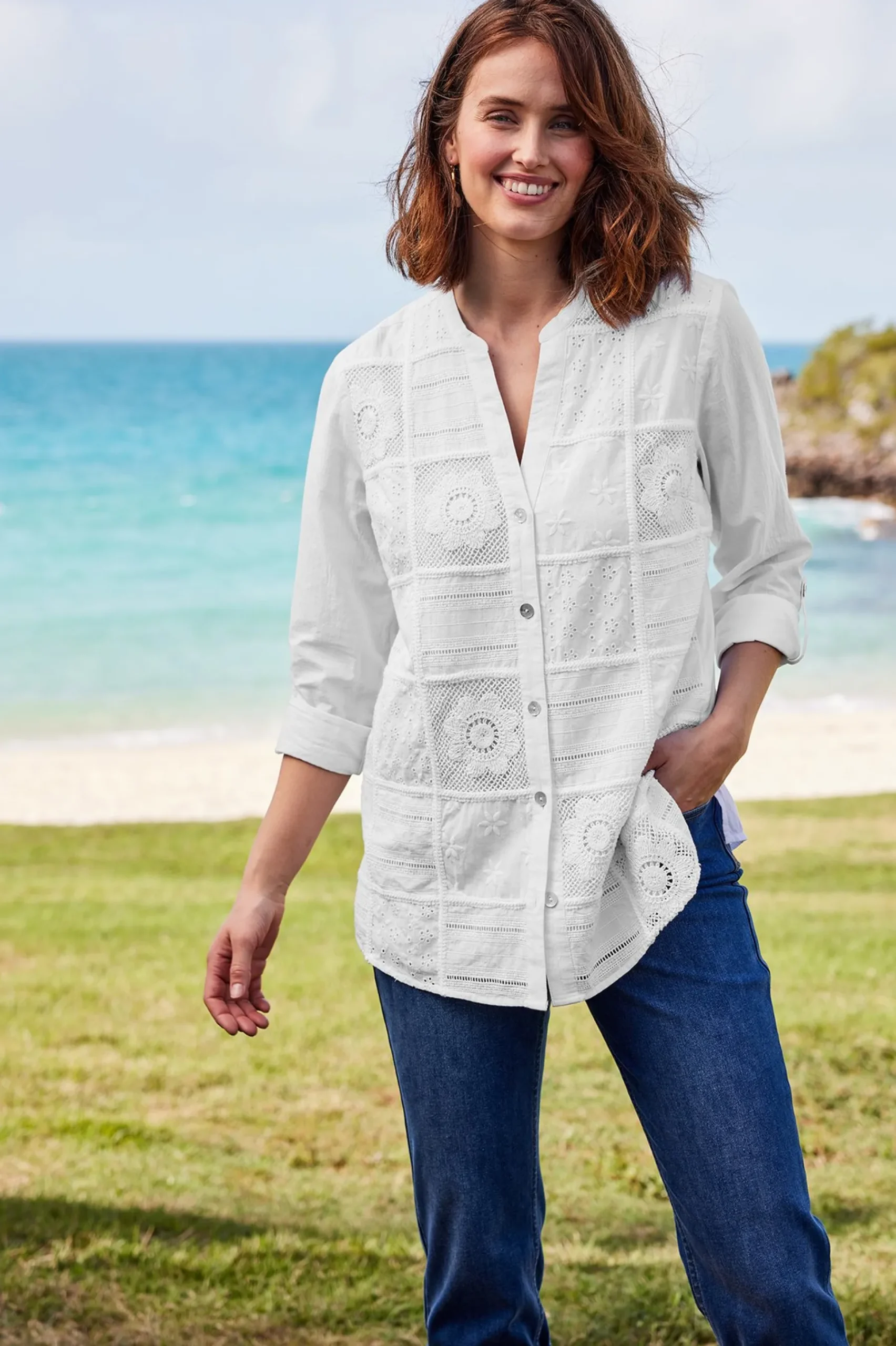 long sleeve|shirts-Soft Surroundings Eleanor Crochet Shirt White