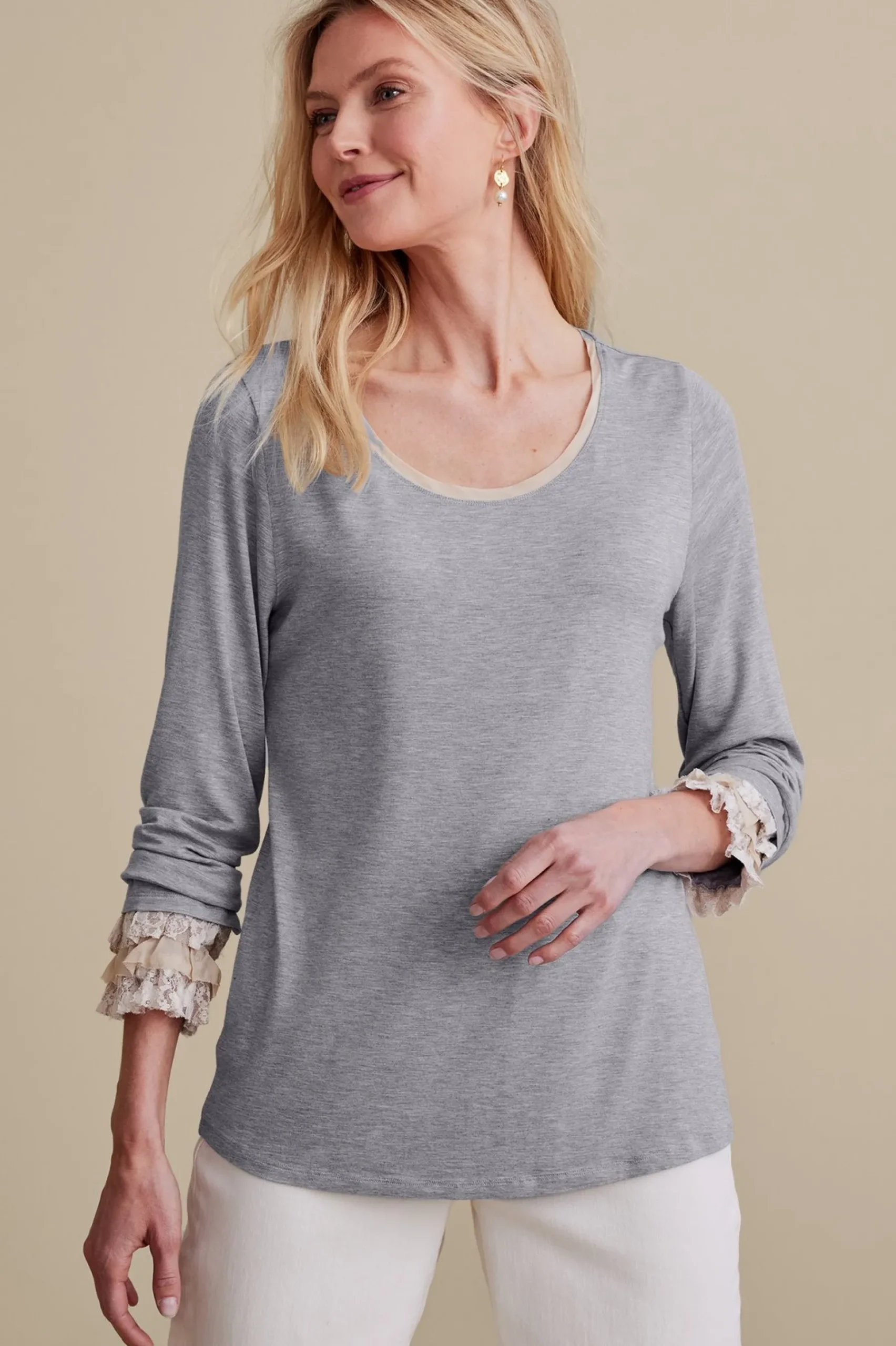 Feminine Flourish|long sleeve-Soft Surroundings Ella Lace Top Medium Grey Heather
