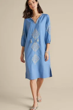 Feminine Flourish|Into The Blues-Soft Surroundings Hasana Linen Blend Midi Dress Riverside Blue