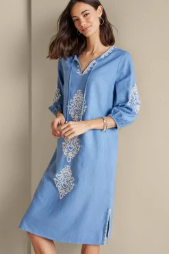Feminine Flourish|Into The Blues-Soft Surroundings Hasana Linen Blend Midi Dress Riverside Blue