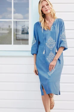 Feminine Flourish|Into The Blues-Soft Surroundings Hasana Linen Blend Midi Dress Riverside Blue