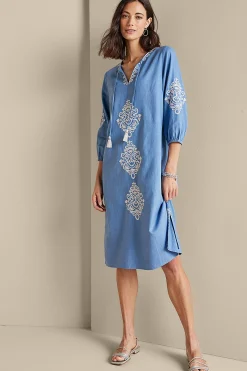 Feminine Flourish|Into The Blues-Soft Surroundings Hasana Linen Blend Midi Dress Riverside Blue