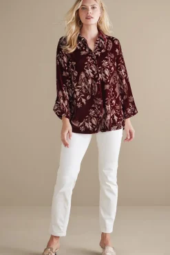 EVelvet Styles|elbow length-Soft Surroundings Icon Silk Velvet Poets Shirt Red Floral