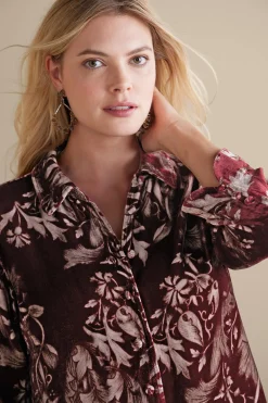 EVelvet Styles|elbow length-Soft Surroundings Icon Silk Velvet Poets Shirt Red Floral