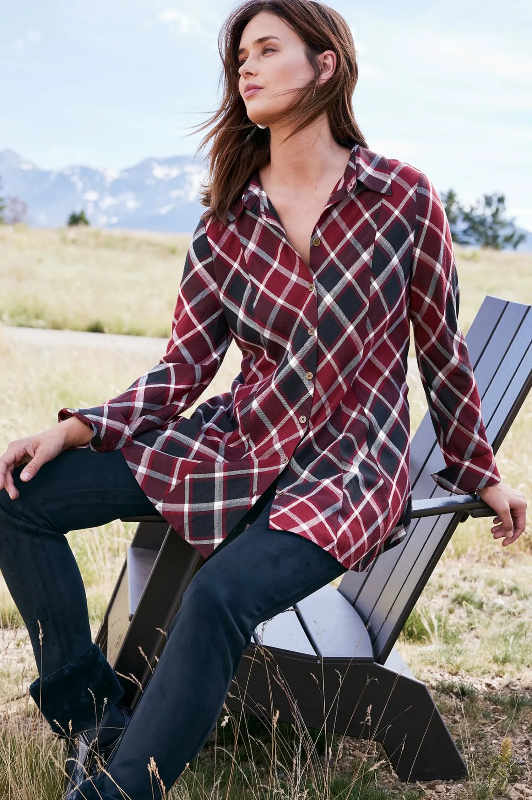 Everyday Styles|long sleeve-Soft Surroundings Joelle Plaid Tunic Cabernet Plaid