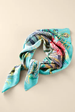 Scarves & Wraps-Soft Surroundings Jungle Leaves Silk Scarf Aqua Multi
