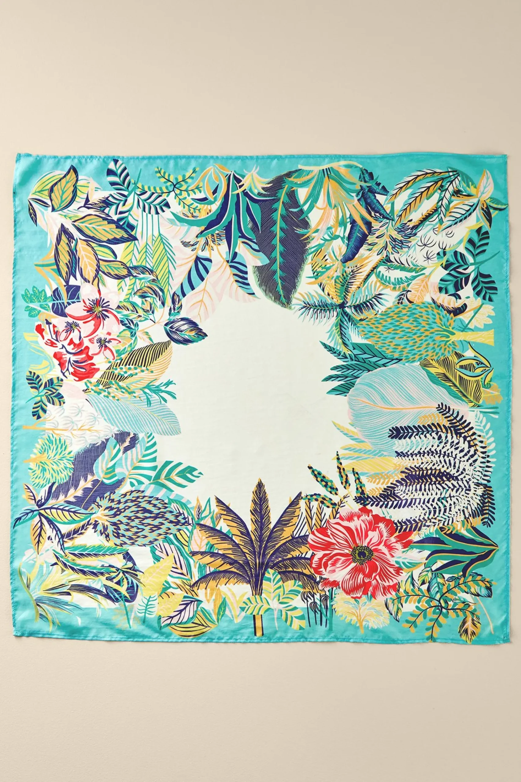 Scarves & Wraps-Soft Surroundings Jungle Leaves Silk Scarf Aqua Multi