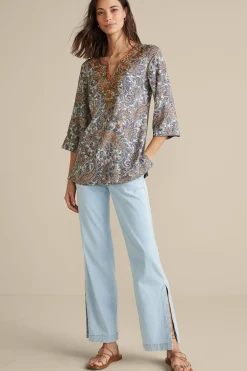 Global Artistry|long sleeve-Soft Surroundings Kaimana Embellished Tunic Spring Paisley