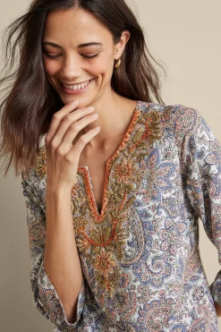 Global Artistry|long sleeve-Soft Surroundings Kaimana Embellished Tunic Spring Paisley