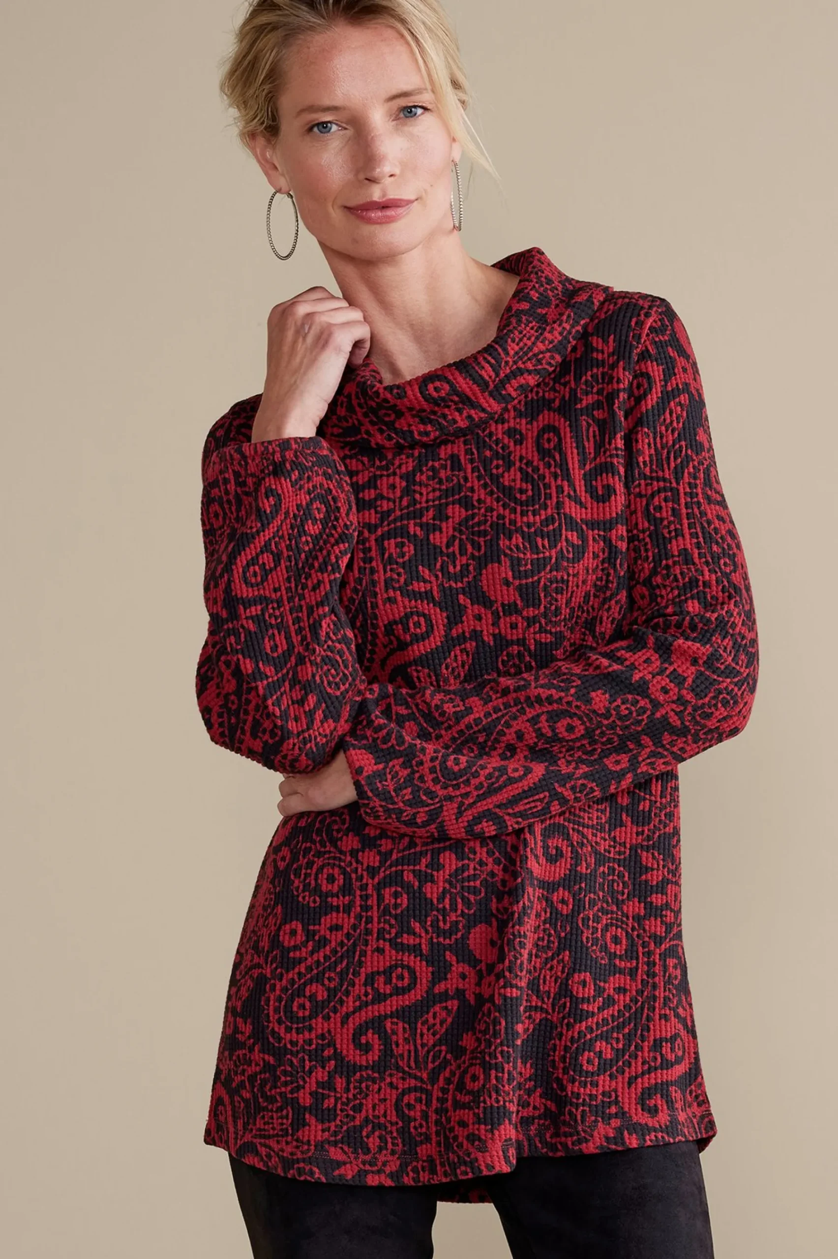 Everyday Styles|long sleeve-Soft Surroundings Kendra Waffle Top Red/Black Paisley