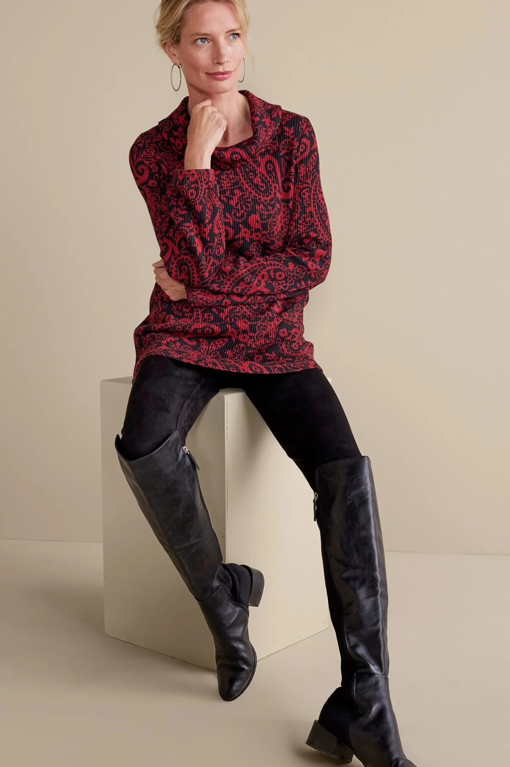 Everyday Styles|long sleeve-Soft Surroundings Kendra Waffle Top Red/Black Paisley