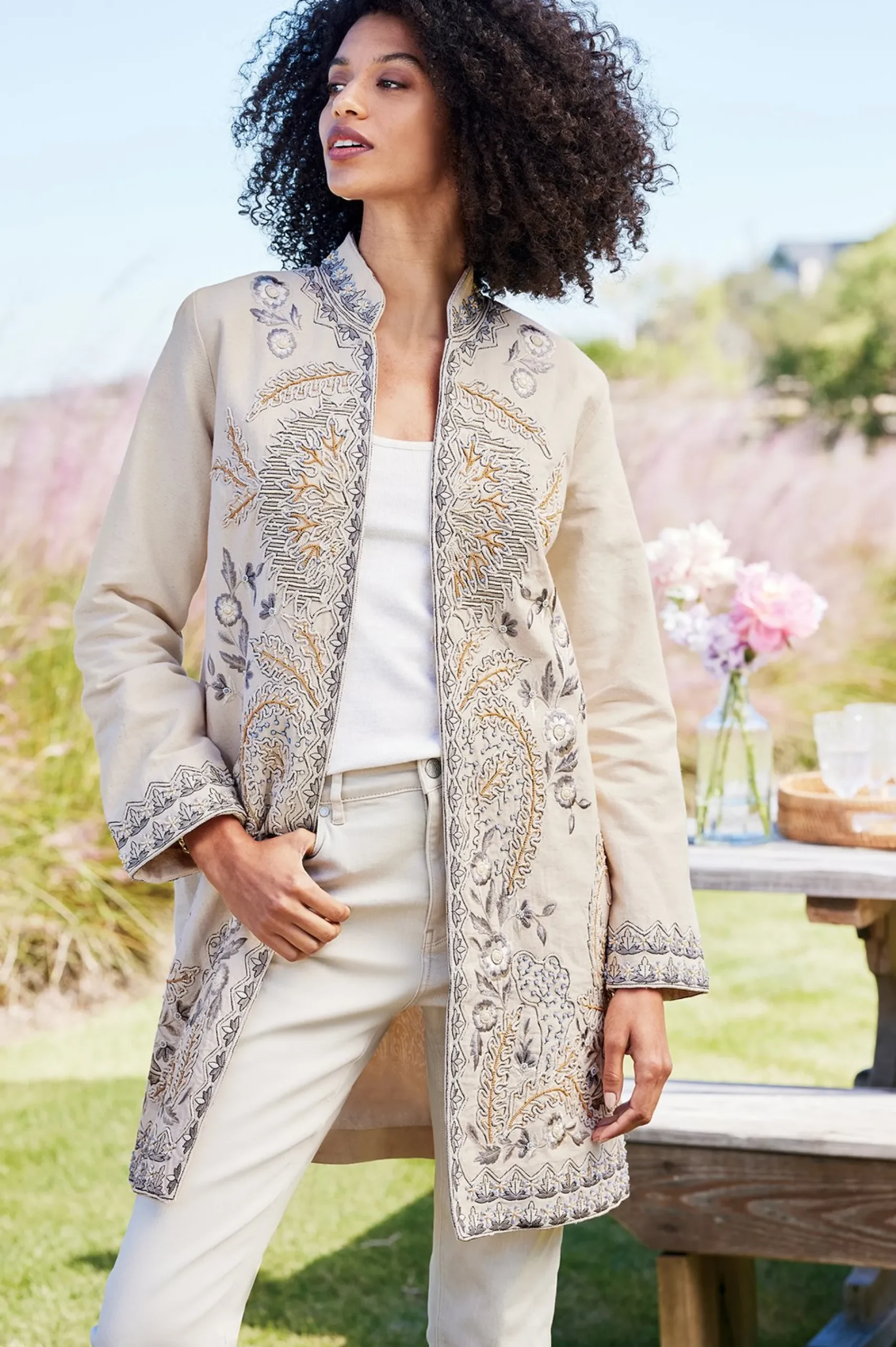 Feminine Flourish|Wear Now Styles-Soft Surroundings Kerala Embellished Natural Jacket Natural Seed