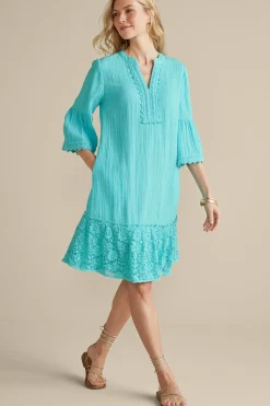 Into The Blues|Vacation Shop-Soft Surroundings Kiona Gauze Short Dress Hawaiian Aqua