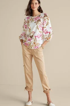 Feminine Flourish|three quarter length-Soft Surroundings Lesley Printed Top Painterly Peony Flowers