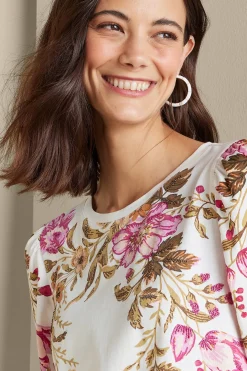 Feminine Flourish|three quarter length-Soft Surroundings Lesley Printed Top Painterly Peony Flowers