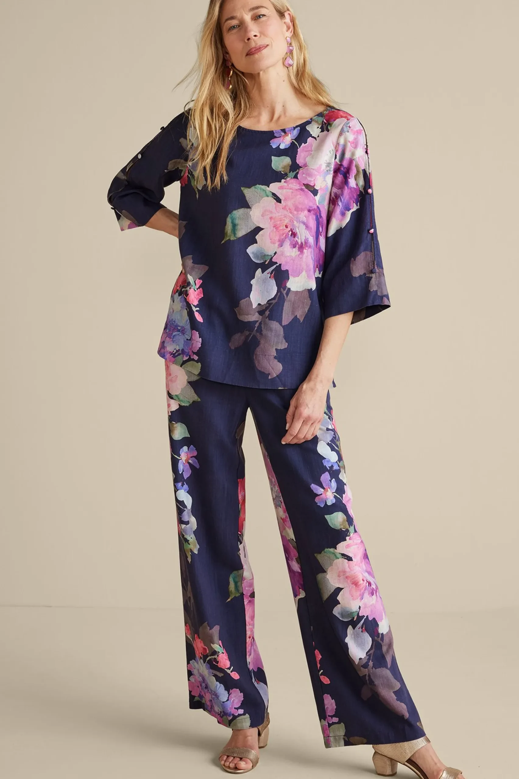 Feminine Flourish|Into The Blues-Soft Surroundings Lizette Wide-Leg Pant Marseille Floral Exploded