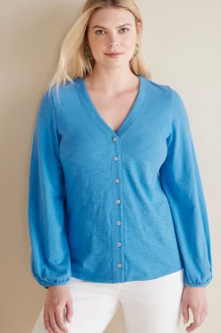 long sleeve|shirts-Soft Surroundings Lorna Button Front Top Swedish Blue