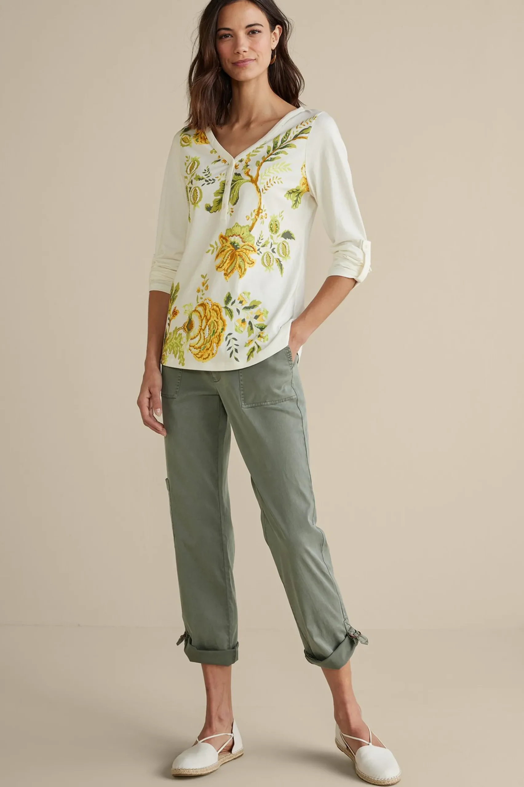 Wear Now Styles|long sleeve-Soft Surroundings Maja Printed Pullover Green Florals