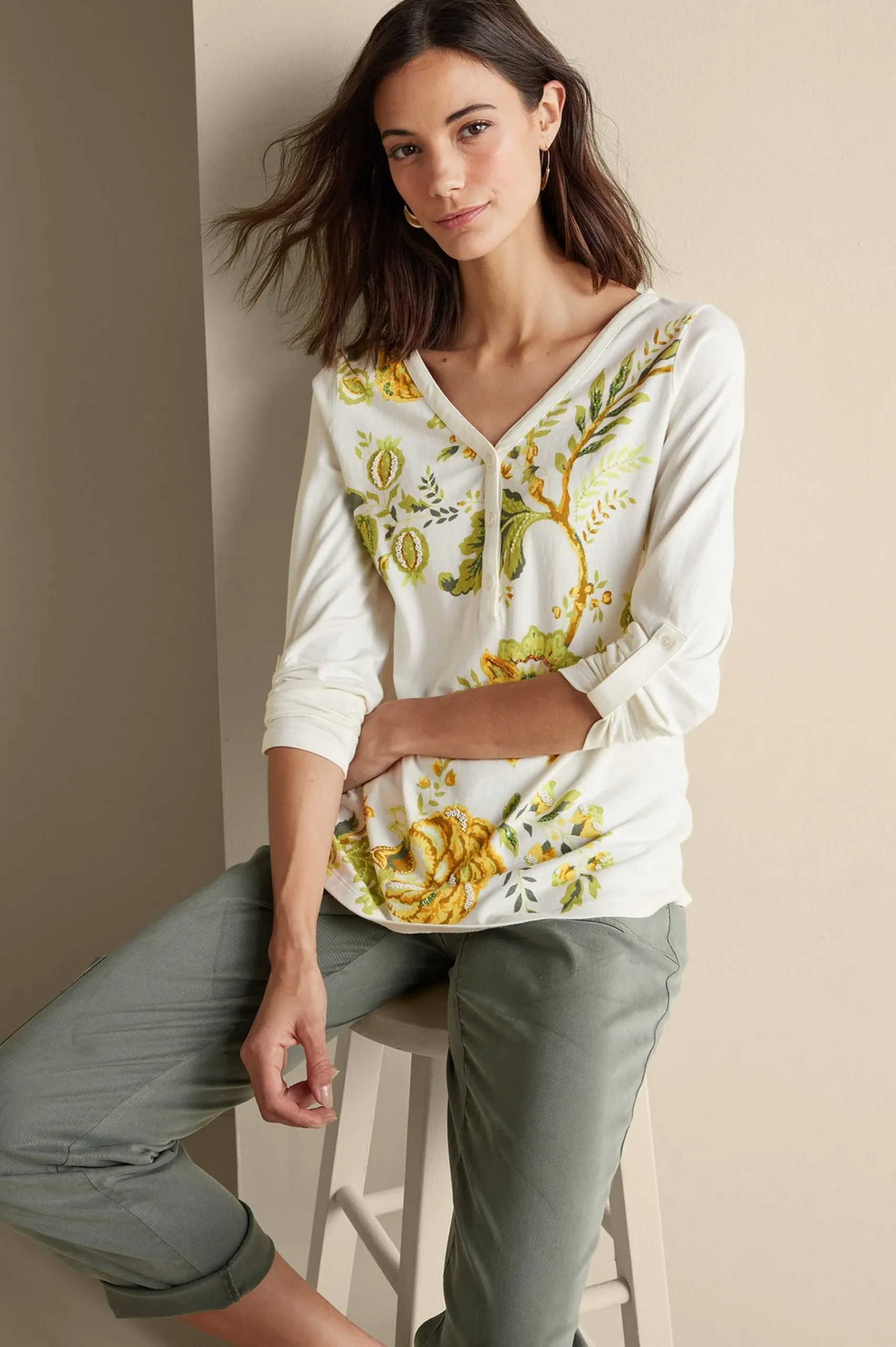Wear Now Styles|long sleeve-Soft Surroundings Maja Printed Pullover Green Florals
