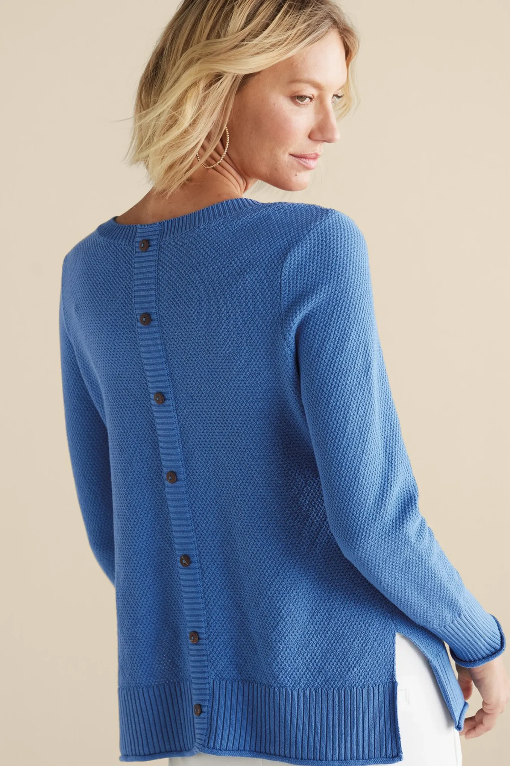 Into The Blues|Sweaters & Cardigans-Soft Surroundings Marin Back Button Sweater Riverside Blue