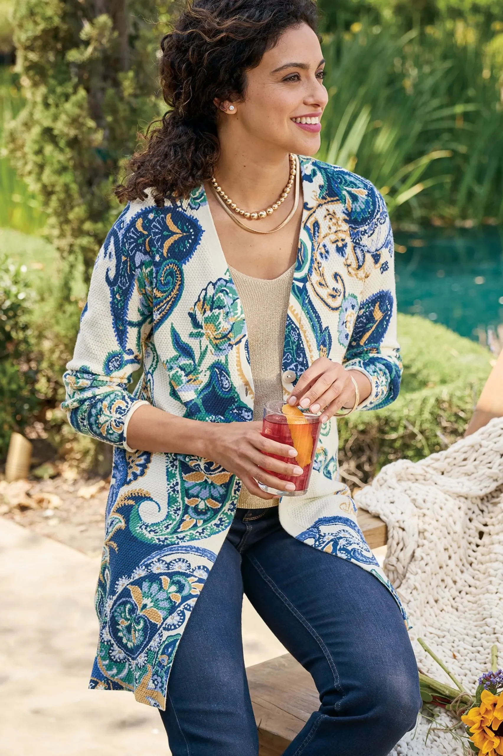 Vacation Shop|Sweaters & Cardigans-Soft Surroundings Marin Cardigan Chambray Paisley
